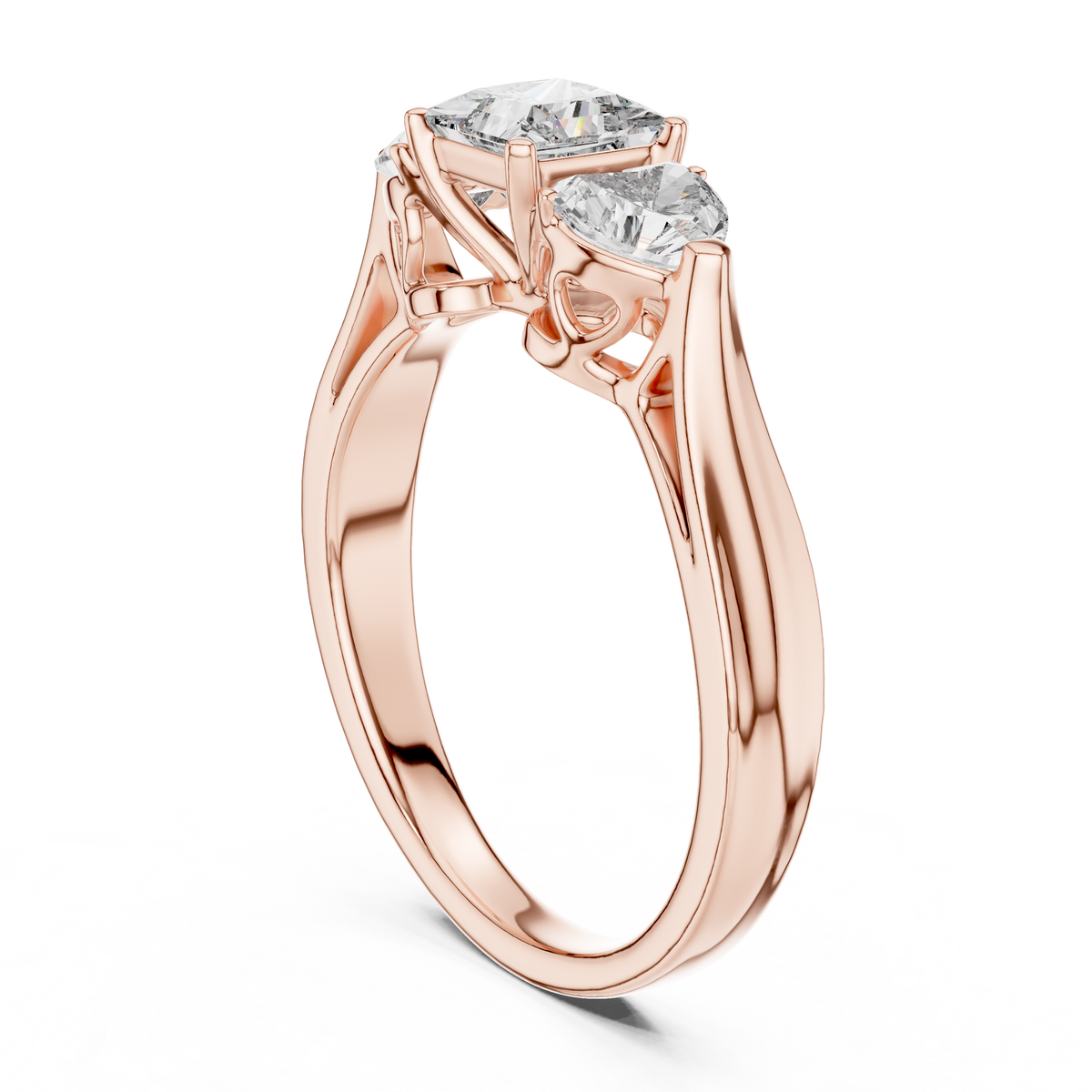 Lab Grown Princess Cut Three Stone Diamond Ring with Heart Side Stones in Yellow Gold