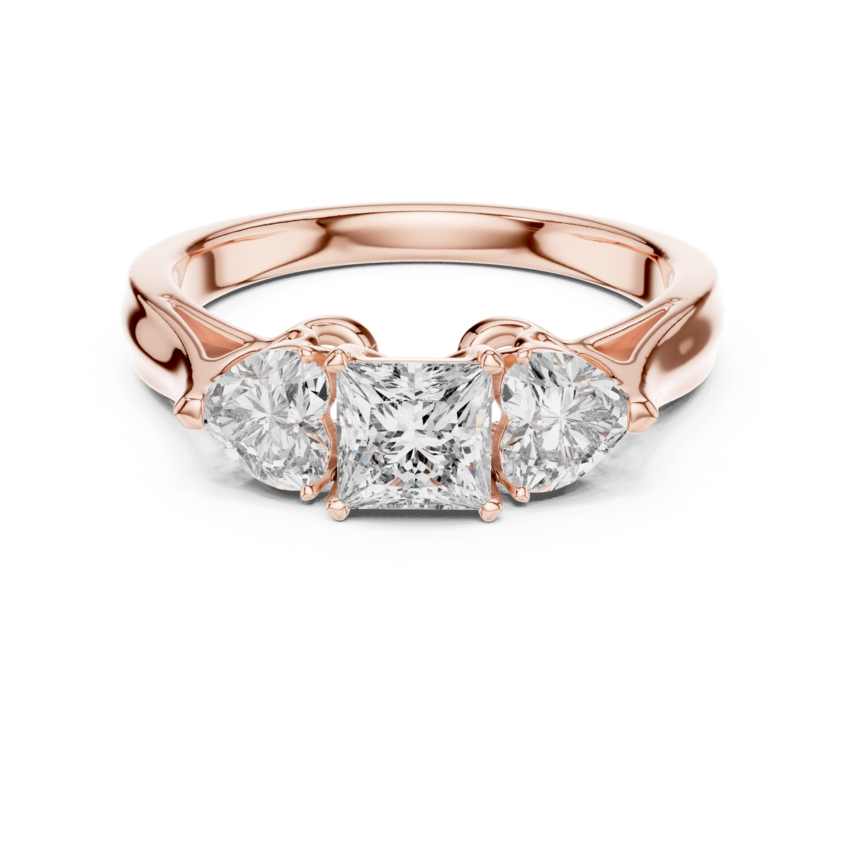 Lab Grown Princess Cut Three Stone Diamond Ring with Heart Side Stones in Yellow Gold