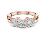 Lab Grown Princess Cut Three Stone Diamond Ring with Heart Side Stones in Yellow Gold