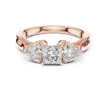 Lab Grown Princess Cut Three Stone Diamond Ring with Heart Side Stones in Yellow Gold