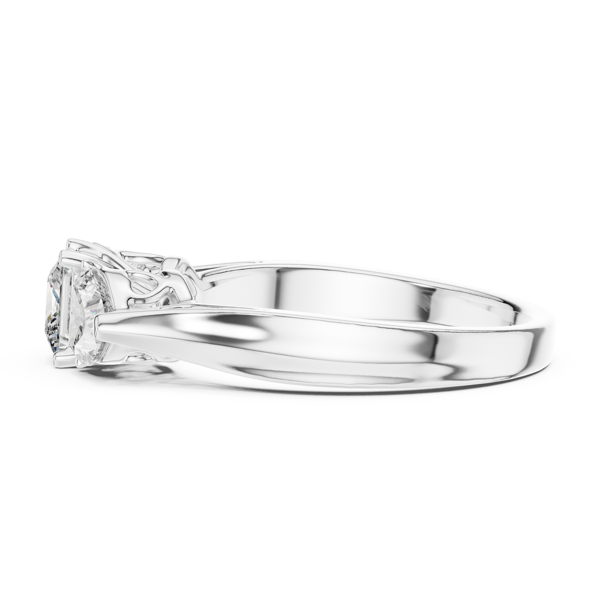 Lab Grown Princess Cut Three Stone Diamond Ring with Heart Side Stones in Yellow Gold