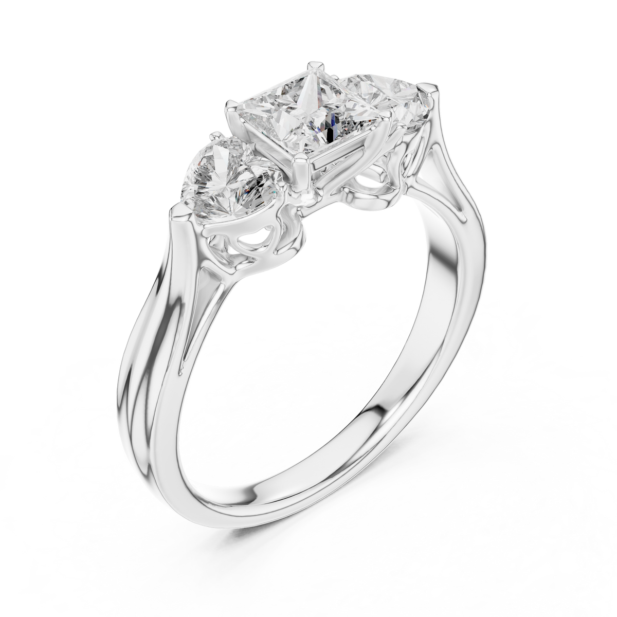 Lab Grown Princess Cut Three Stone Diamond Ring with Heart Side Stones in Yellow Gold