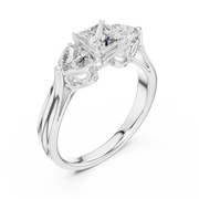 Lab Grown Princess Cut Three Stone Diamond Ring with Heart Side Stones in Yellow Gold