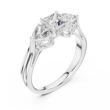 Lab Grown Princess Cut Three Stone Diamond Ring with Heart Side Stones in Yellow Gold