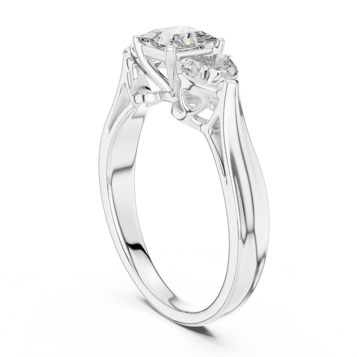Lab Grown Princess Cut Three Stone Diamond Ring with Heart Side Stones in Yellow Gold