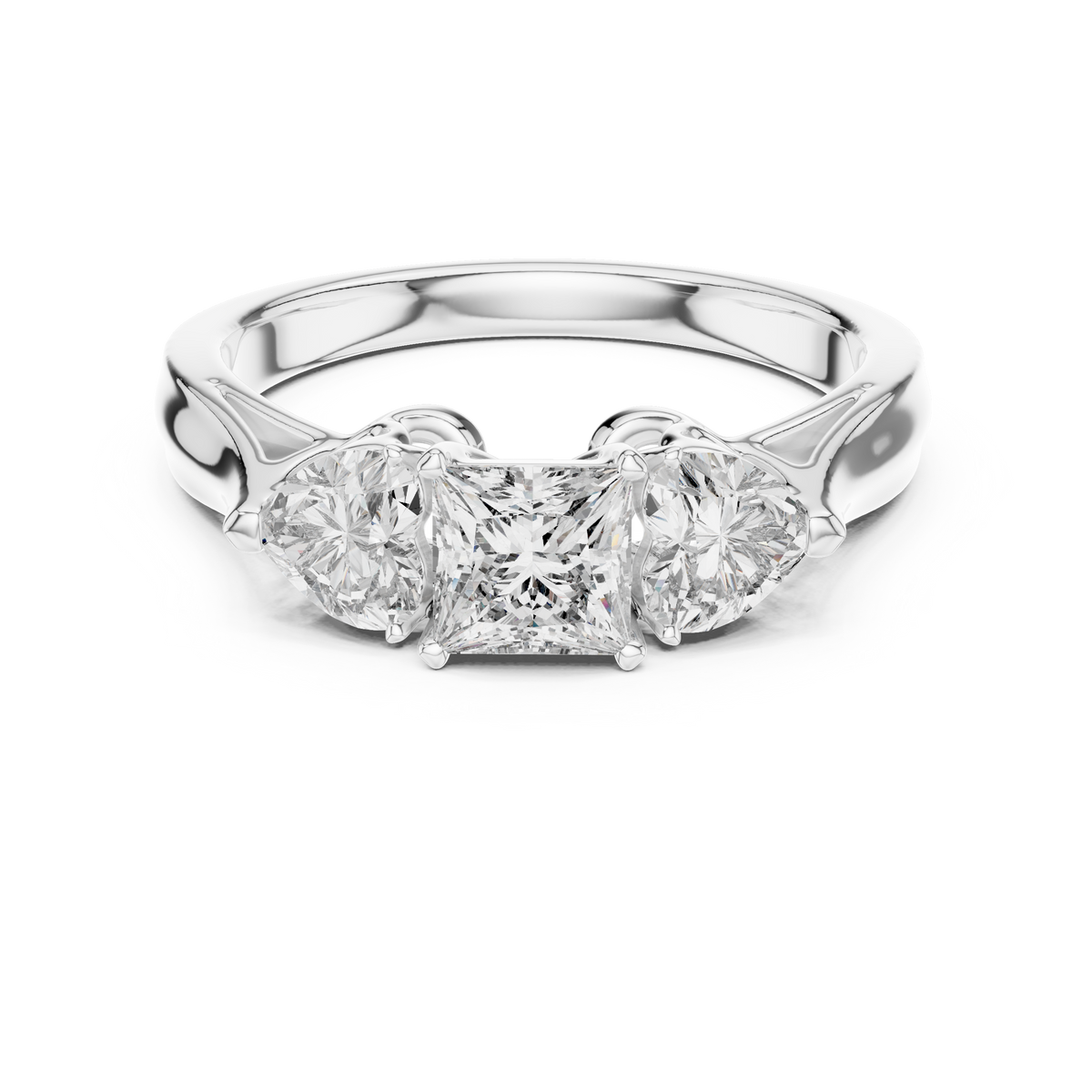 Lab Grown Princess Cut Three Stone Diamond Ring with Heart Side Stones in Yellow Gold