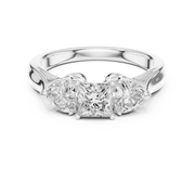 Lab Grown Princess Cut Three Stone Diamond Ring with Heart Side Stones in Yellow Gold