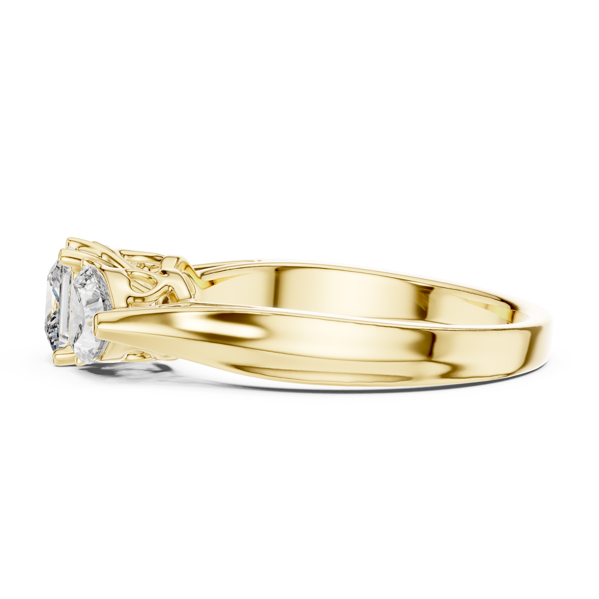 Lab Grown Princess Cut Three Stone Diamond Ring with Heart Side Stones in Yellow Gold