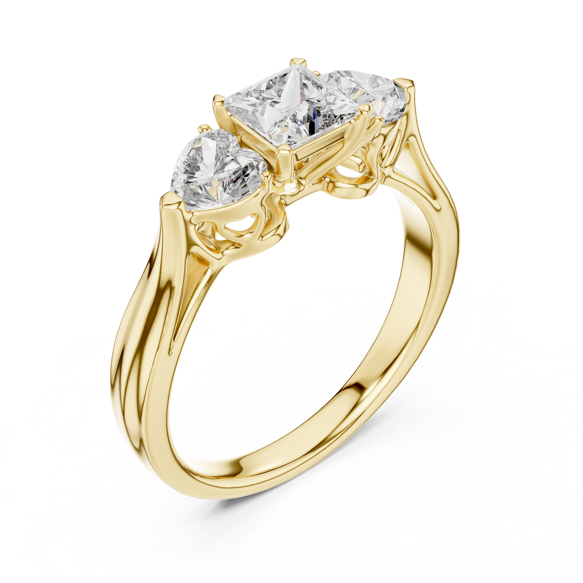 Lab Grown Princess Cut Three Stone Diamond Ring with Heart Side Stones in Yellow Gold