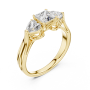 Lab Grown Princess Cut Three Stone Diamond Ring with Heart Side Stones in Yellow Gold