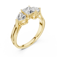 Lab Grown Princess Cut Three Stone Diamond Ring with Heart Side Stones in Yellow Gold
