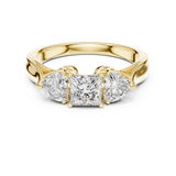 Lab Grown Princess Cut Three Stone Diamond Ring with Heart Side Stones in Yellow Gold