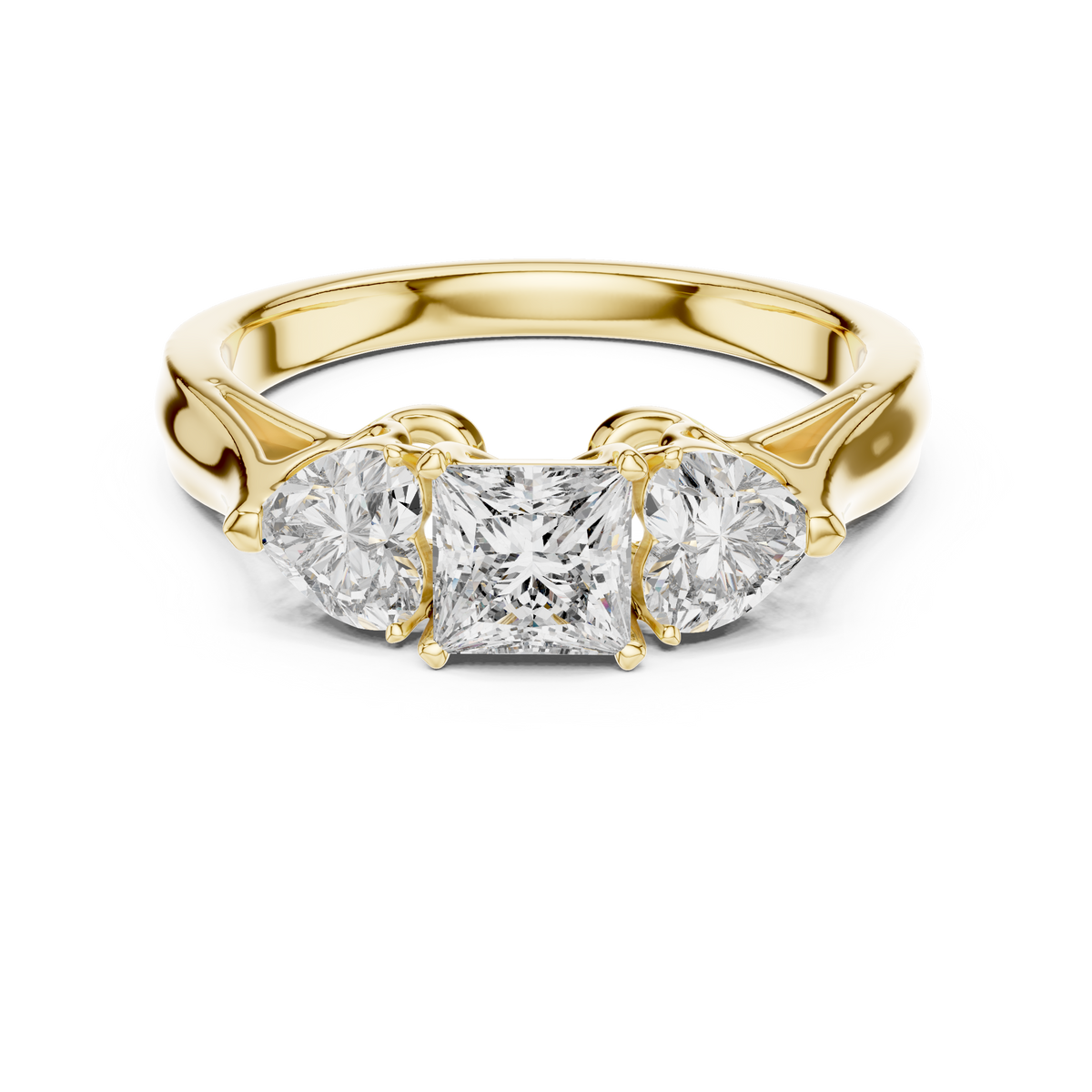 Lab Grown Princess Cut Three Stone Diamond Ring with Heart Side Stones in Yellow Gold
