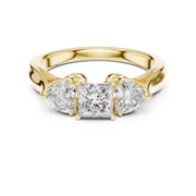 Lab Grown Princess Cut Three Stone Diamond Ring with Heart Side Stones in Yellow Gold