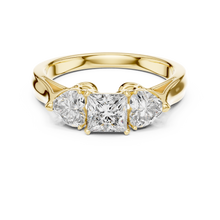 Lab Grown Princess Cut Three Stone Diamond Ring with Heart Side Stones in Yellow Gold