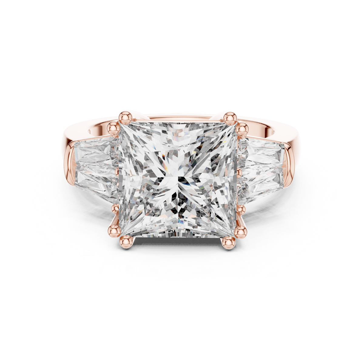Lab Grown Princess Cut Three Stone Diamond Ring with Tapered Baguette Sides in Yellow Gold