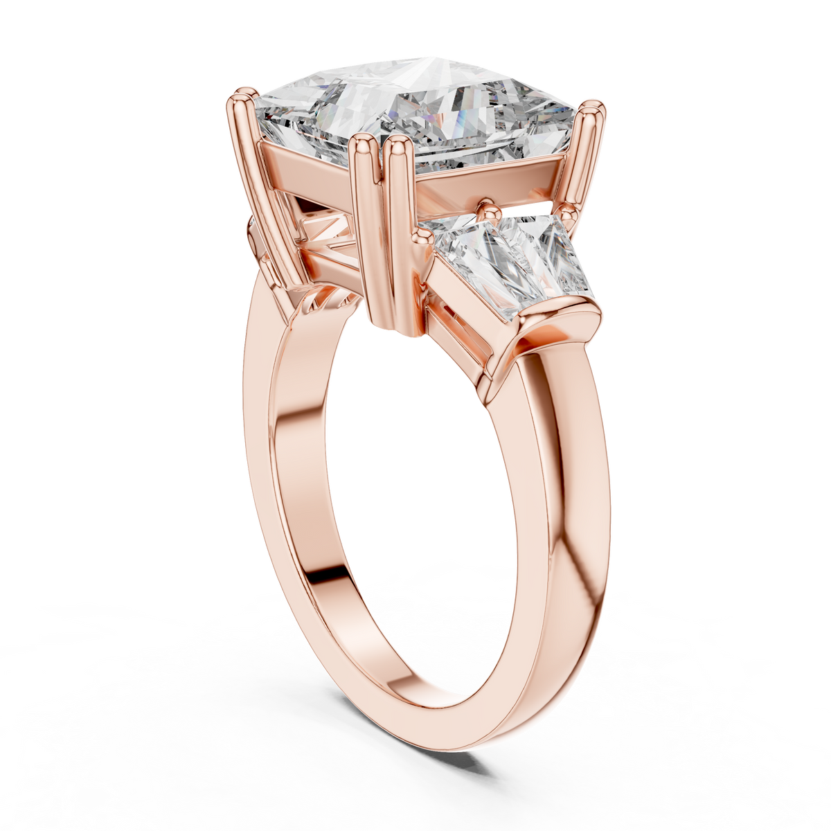 Lab Grown Princess Cut Three Stone Diamond Ring with Tapered Baguette Sides in Yellow Gold