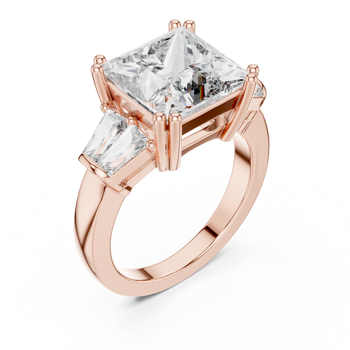 Lab Grown Princess Cut Three Stone Diamond Ring with Tapered Baguette Sides in Yellow Gold