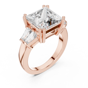 Lab Grown Princess Cut Three Stone Diamond Ring with Tapered Baguette Sides in Yellow Gold