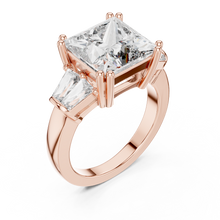 Lab Grown Princess Cut Three Stone Diamond Ring with Tapered Baguette Sides in Yellow Gold