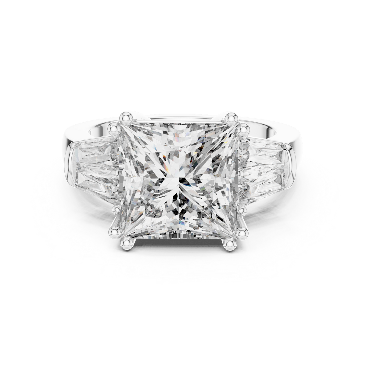 Lab Grown Princess Cut Three Stone Diamond Ring with Tapered Baguette Sides in Yellow Gold