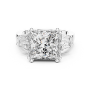 Lab Grown Princess Cut Three Stone Diamond Ring with Tapered Baguette Sides in Yellow Gold