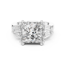 Lab Grown Princess Cut Three Stone Diamond Ring with Tapered Baguette Sides in Yellow Gold