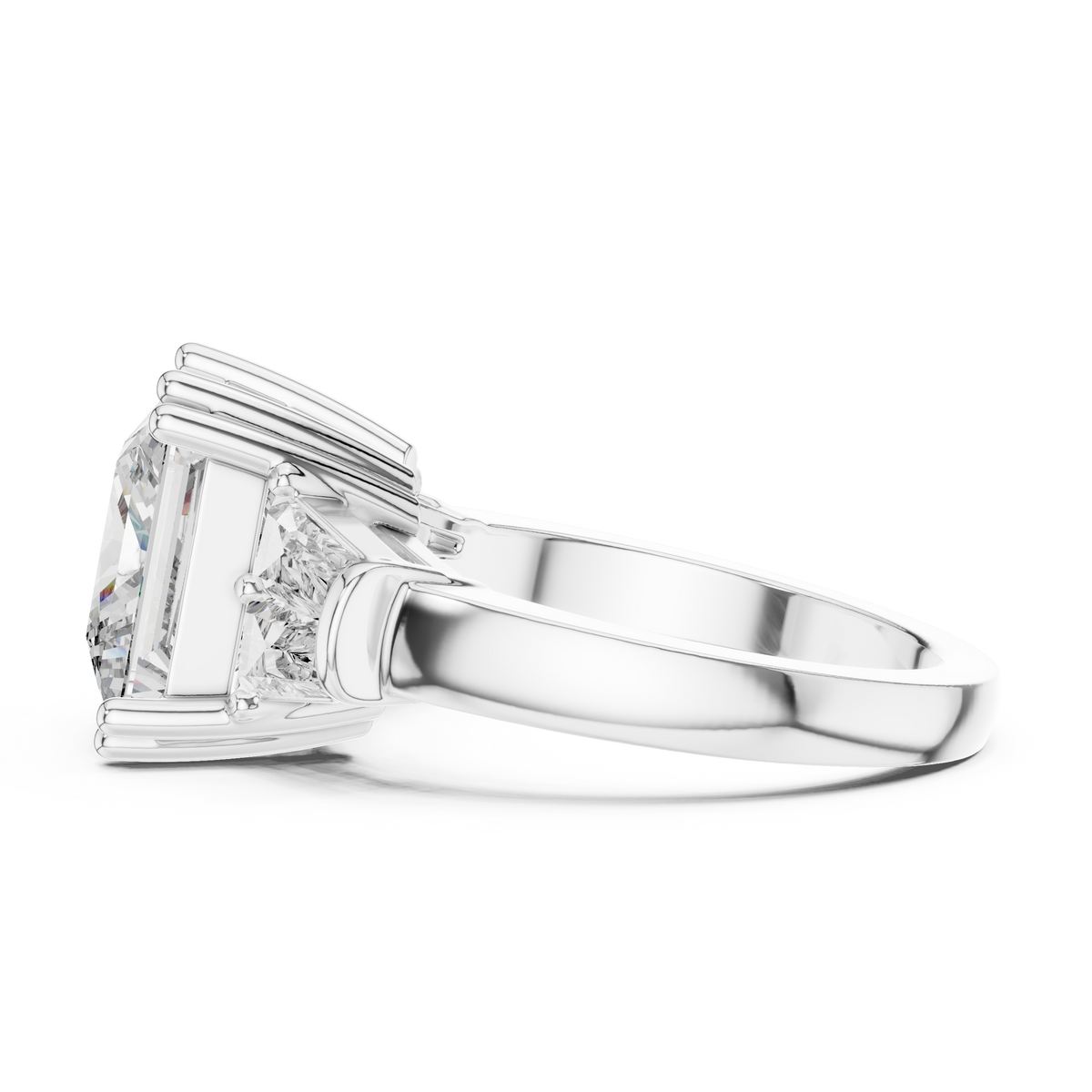 Lab Grown Princess Cut Three Stone Diamond Ring with Tapered Baguette Sides in Yellow Gold