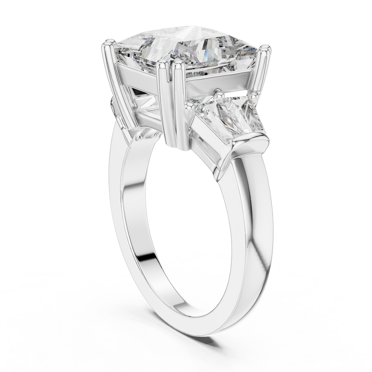 Lab Grown Princess Cut Three Stone Diamond Ring with Tapered Baguette Sides in Yellow Gold