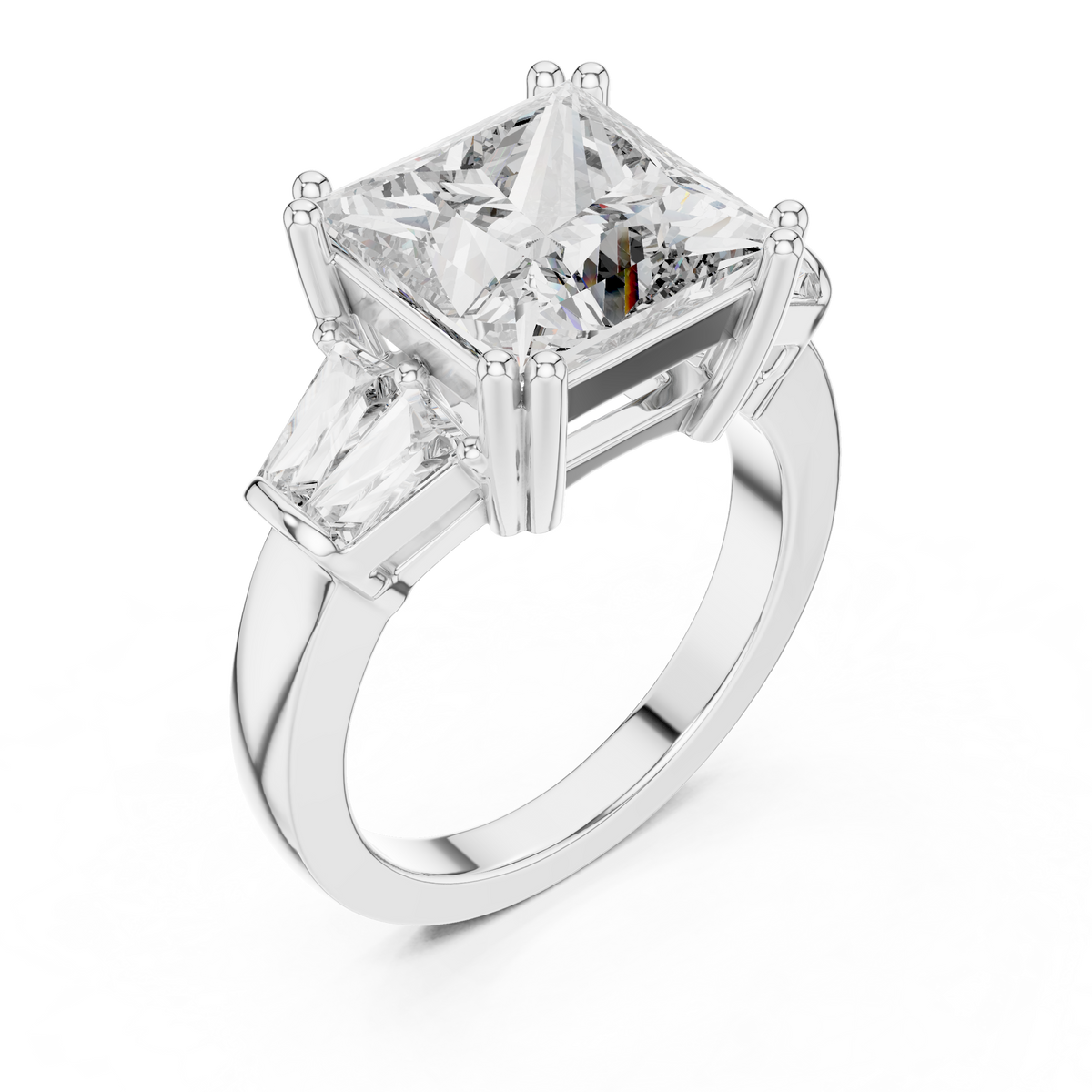 Lab Grown Princess Cut Three Stone Diamond Ring with Tapered Baguette Sides in Yellow Gold