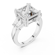 Lab Grown Princess Cut Three Stone Diamond Ring with Tapered Baguette Sides in Yellow Gold