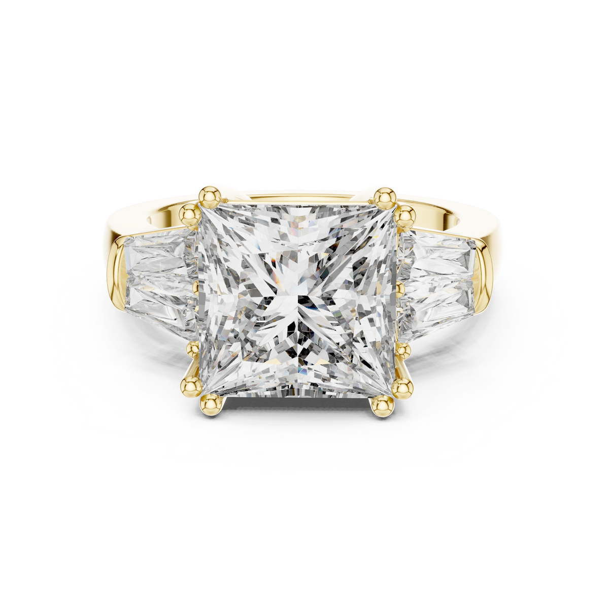 Lab Grown Princess Cut Three Stone Diamond Ring with Tapered Baguette Sides in Yellow Gold