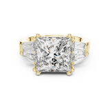 Lab Grown Princess Cut Three Stone Diamond Ring with Tapered Baguette Sides in Yellow Gold