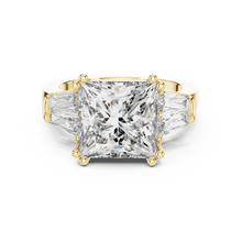 Lab Grown Princess Cut Three Stone Diamond Ring with Tapered Baguette Sides in Yellow Gold