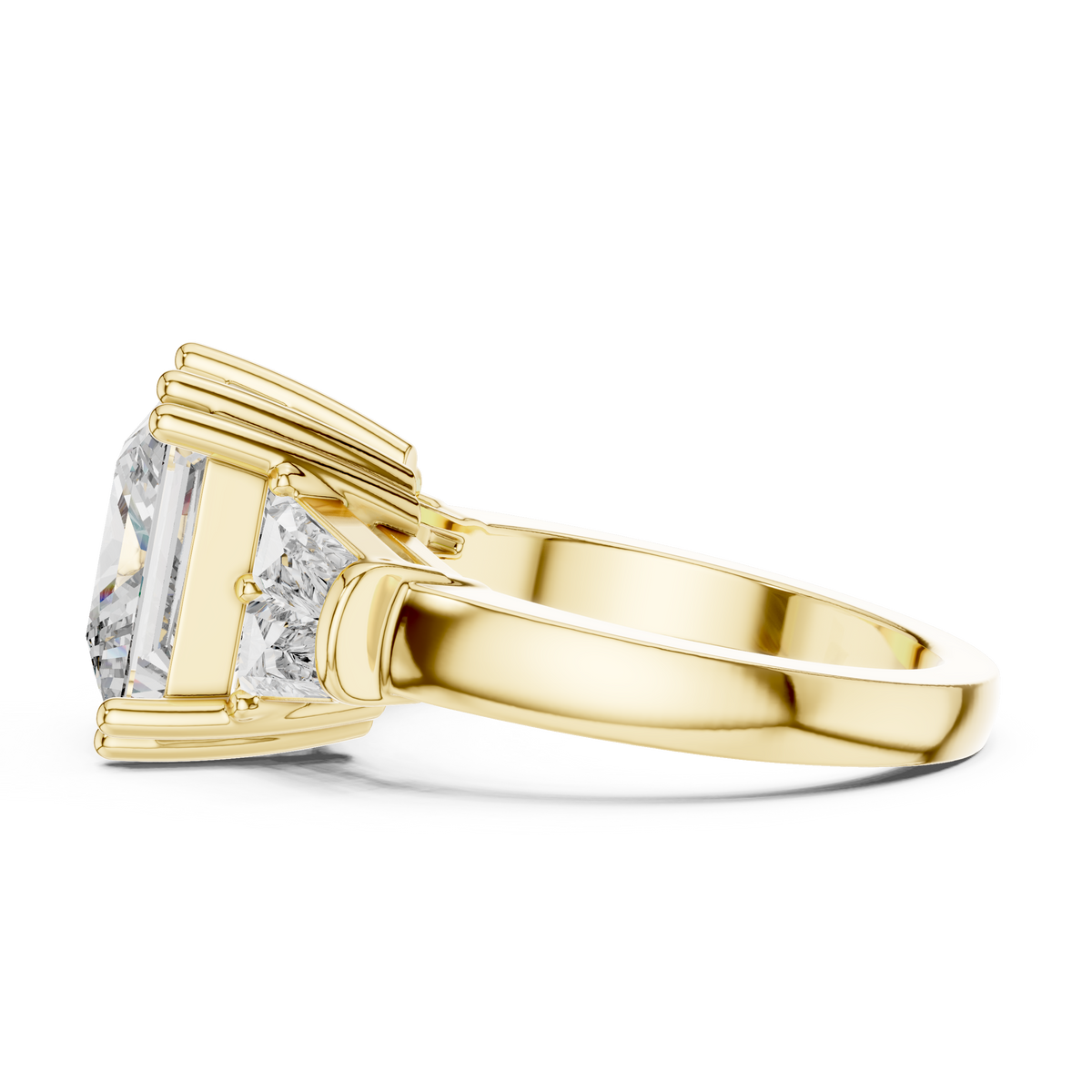 Lab Grown Princess Cut Three Stone Diamond Ring with Tapered Baguette Sides in Yellow Gold