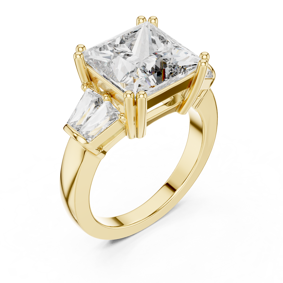 Lab Grown Princess Cut Three Stone Diamond Ring with Tapered Baguette Sides in Yellow Gold