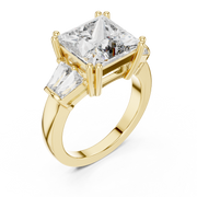 Lab Grown Princess Cut Three Stone Diamond Ring with Tapered Baguette Sides in Yellow Gold