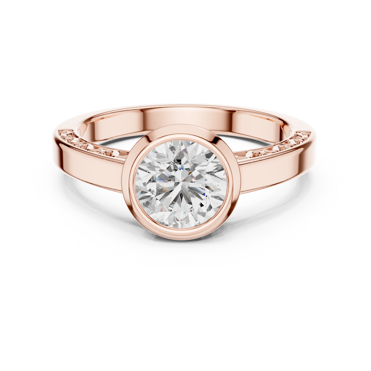 Lab Grown Round Bezel Set Diamond Ring with Scroll Detail in Yellow Gold