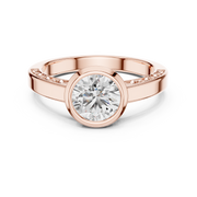 Lab Grown Round Bezel Set Diamond Ring with Scroll Detail in Yellow Gold