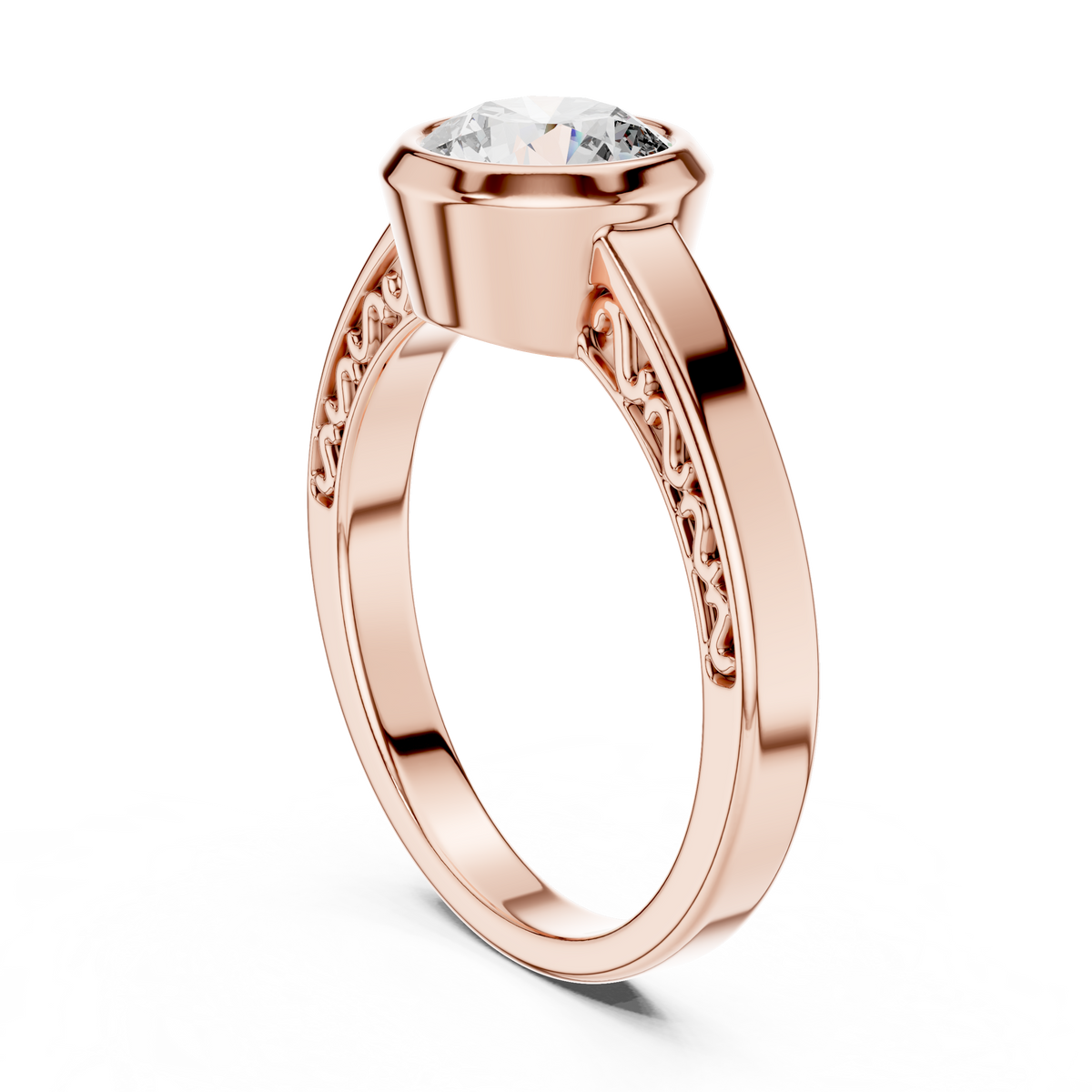 Lab Grown Round Bezel Set Diamond Ring with Scroll Detail in Yellow Gold