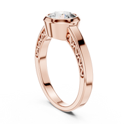 Lab Grown Round Bezel Set Diamond Ring with Scroll Detail in Yellow Gold