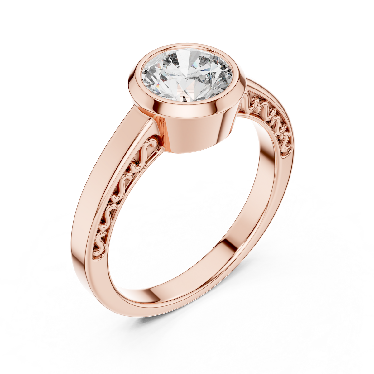 Lab Grown Round Bezel Set Diamond Ring with Scroll Detail in Yellow Gold
