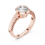 Lab Grown Round Bezel Set Diamond Ring with Scroll Detail in Yellow Gold