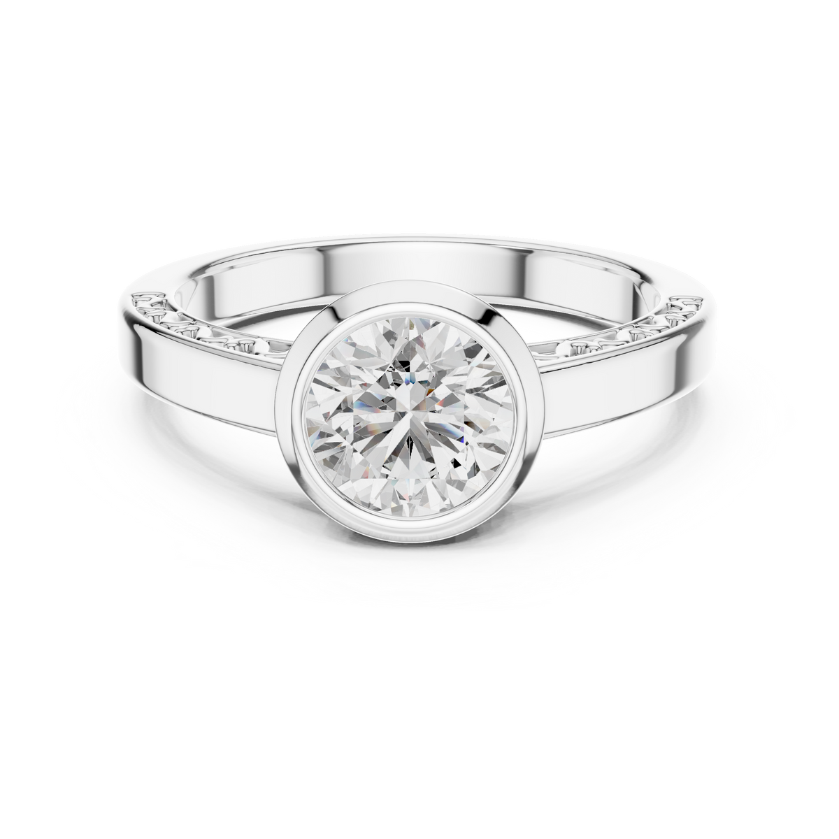 Lab Grown Round Bezel Set Diamond Ring with Scroll Detail in Yellow Gold