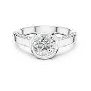 Lab Grown Round Bezel Set Diamond Ring with Scroll Detail in Yellow Gold