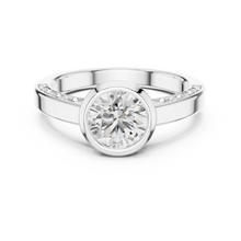Lab Grown Round Bezel Set Diamond Ring with Scroll Detail in Yellow Gold