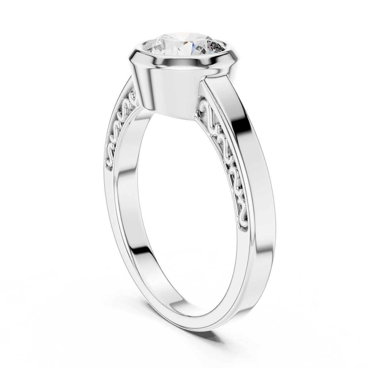 Lab Grown Round Bezel Set Diamond Ring with Scroll Detail in Yellow Gold