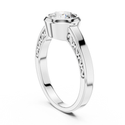 Lab Grown Round Bezel Set Diamond Ring with Scroll Detail in Yellow Gold