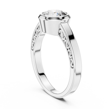 Lab Grown Round Bezel Set Diamond Ring with Scroll Detail in Yellow Gold