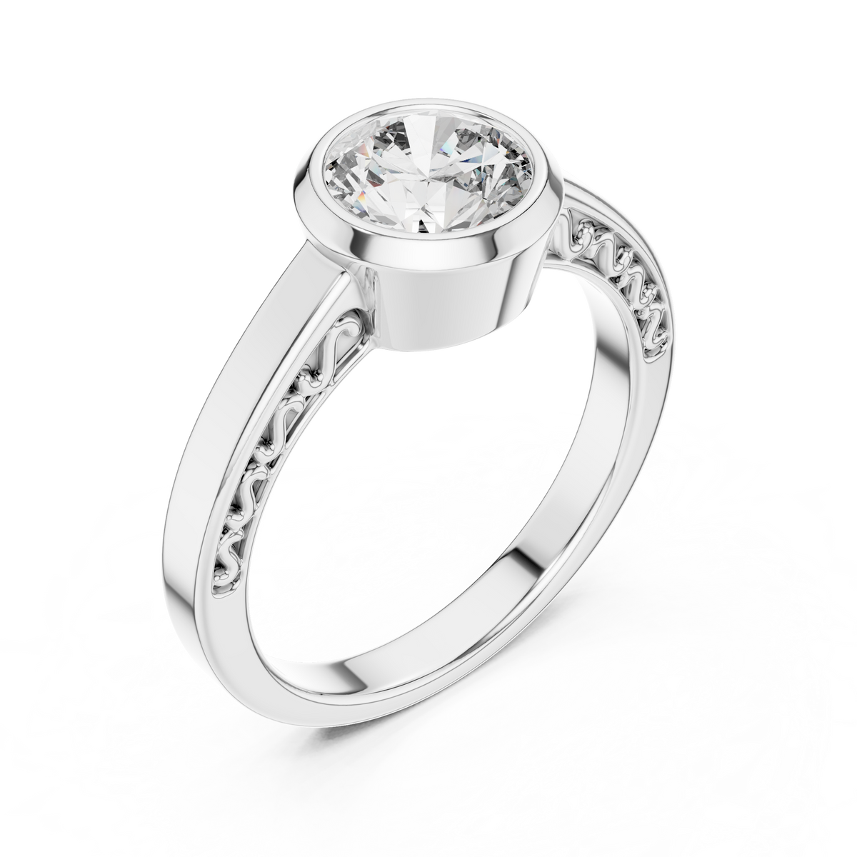 Lab Grown Round Bezel Set Diamond Ring with Scroll Detail in Yellow Gold